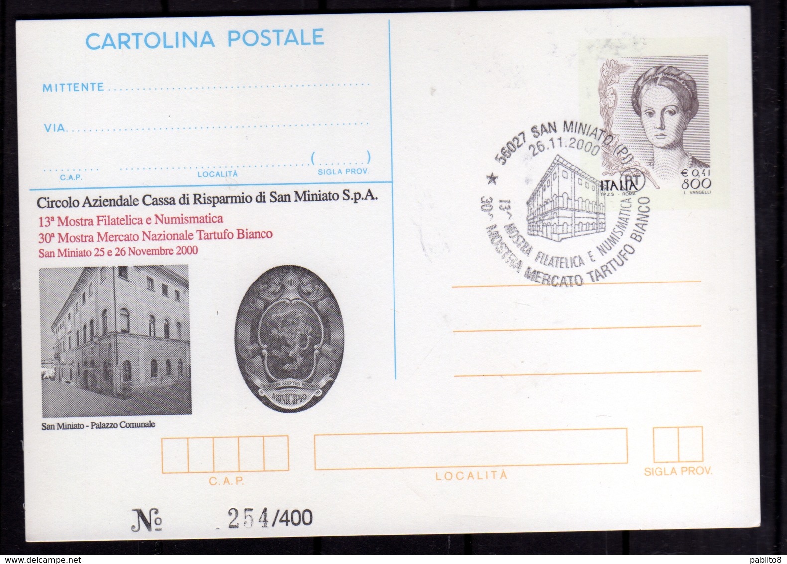 ITALIA REPUBBLICA ITALY REPUBLIC 2000 SAN MINIATO MOSTRA MERCATO TARTUFO INTERO CARTOLINA CARD ANNULLO SPECIALE - Interi Postali