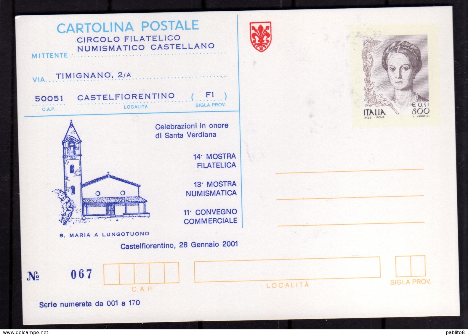 ITALIA REPUBBLICA ITALY REPUBLIC 2001 SAN MINIATO MOSTRA FILATELICA NUMISMATICA INTERO CARTOLINA CARD NUOVA UNUSED - Interi Postali