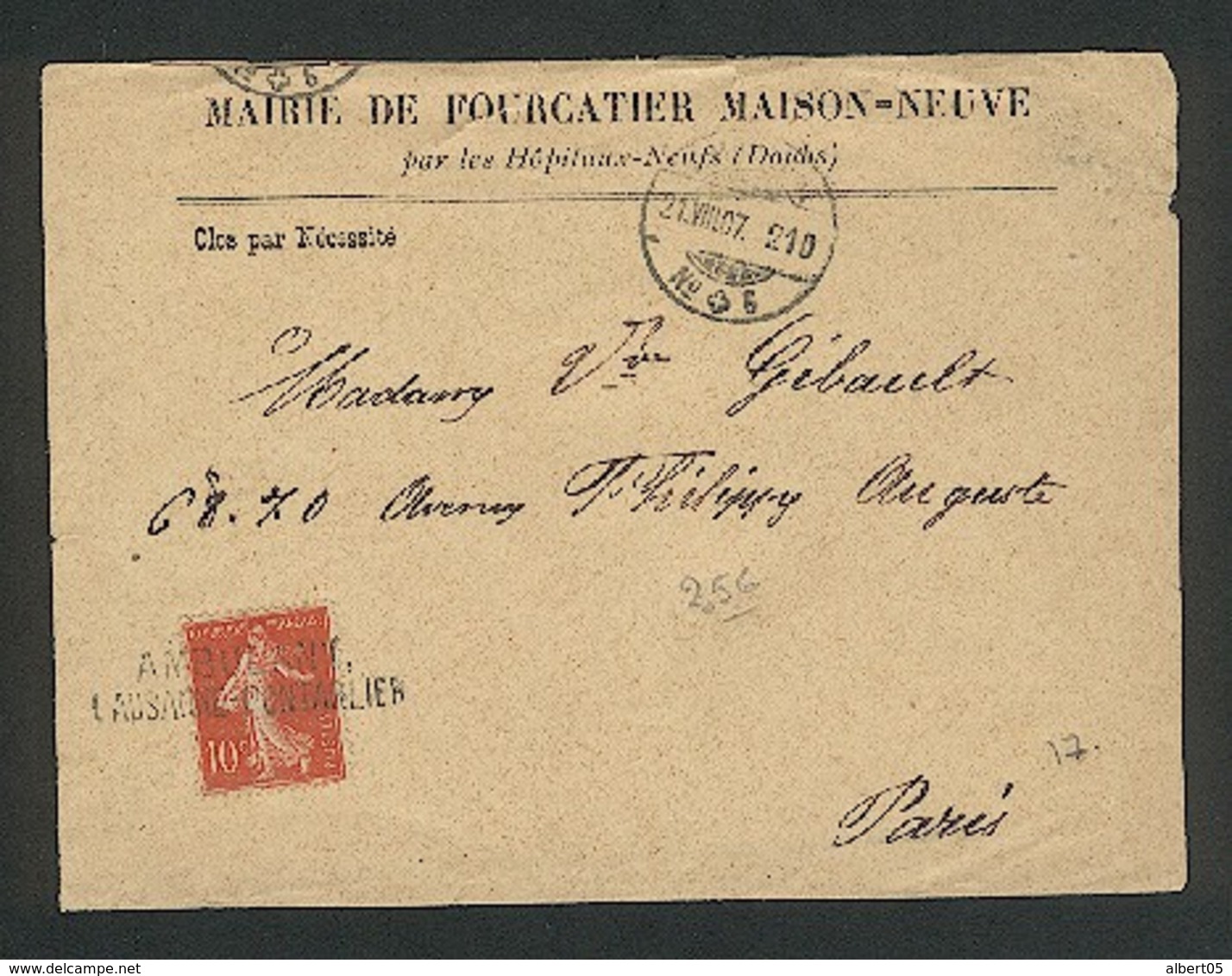 Marque Linéaire Ambulant Lausanne-Pontarlier Oblitérant Type Semeuse 10c Rouge  21 08 1907 - Poststempel