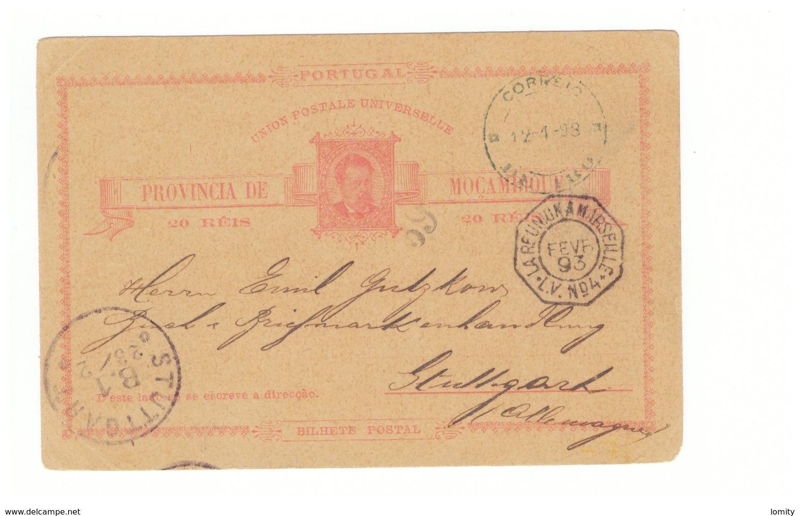 Entier Postal Mozambique 1893 Provincia Mocambique Cachet Zanzibar , Maritime La Reunion à Marseille Pour Stuttgart - Mozambique