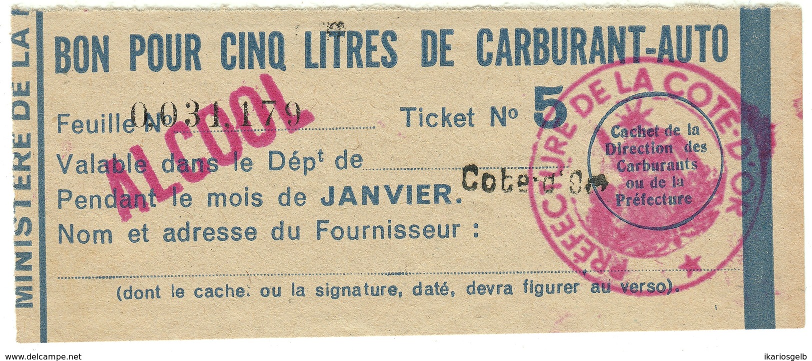 Coupon D'achat 1944 France Cote D'Or Pour " BON POUR CINQ LITRES DE CARBURANT-AUTO " Carte Ravitaillement - Historische Documenten