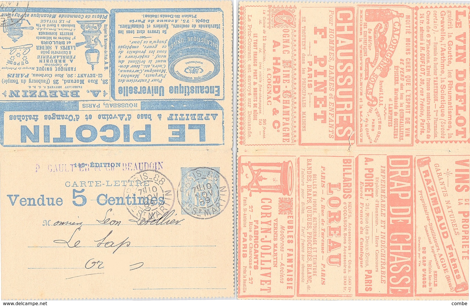 CARTE-LETTRE. SAGE 15c VENDUE 5 CENTIMES. NOMBREUSES PUBICITÉS. PICOTIN, DUFLOT, SOLAS, PINET, HARDY, RAZIMBAUD, POIRET. - Standard- Und TSC-AK (vor 1995)