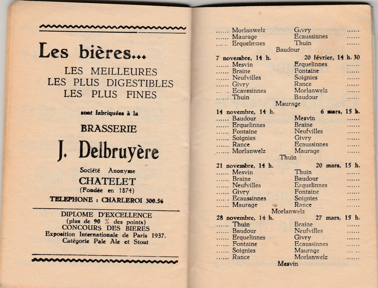 Chatelet ,PUB  Brasserie J. Delbruyère , Carnet Calendrier Officiel Matches Football ,voetbal ( Bière , Brouwerij ) - 1900 – 1949