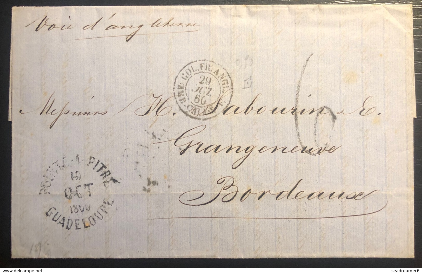 Guadeloupe Lettre Pointe à Pitre Pour Bordeaux 1860 Taxée Et Entrée En Noir Col.FR.Angl/Amb Calais E Superbe - Lettres & Documents