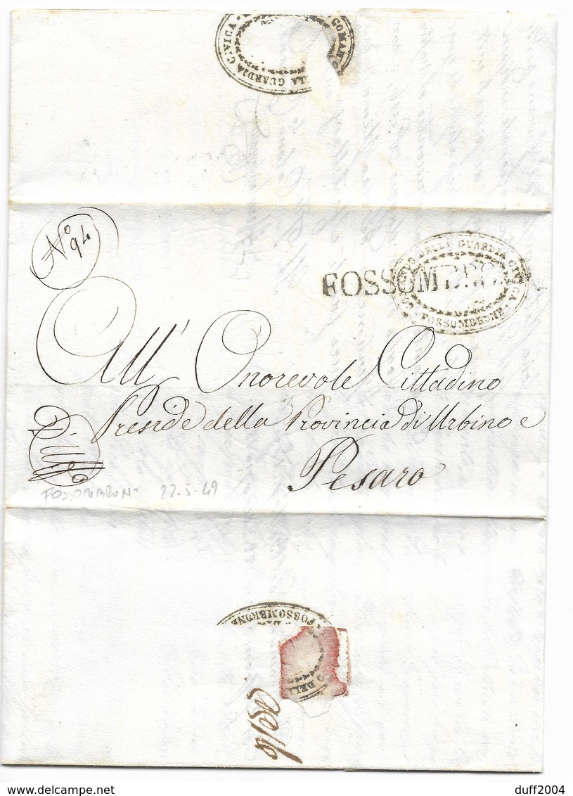 REPUBBLICA ROMANA - DA FOSSOMBRONE A PESARO - 22.5.1849. - 1. ...-1850 Prefilatelia