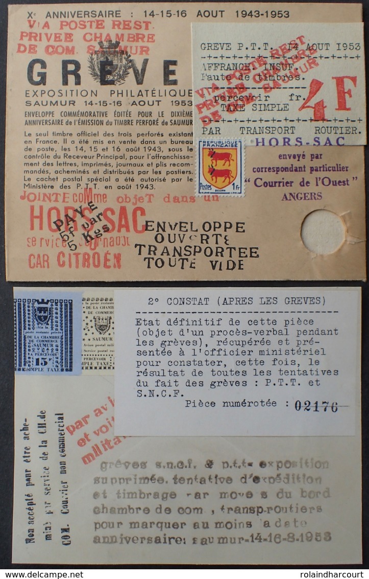 R1949/1695 - ✉️ COMMEMORATIVE HORS SAC De SAUMUR Pendant Le Gréve Des PTT Du 14 AOÛT 1953 - PIECE NUMEROTEE - Other & Unclassified