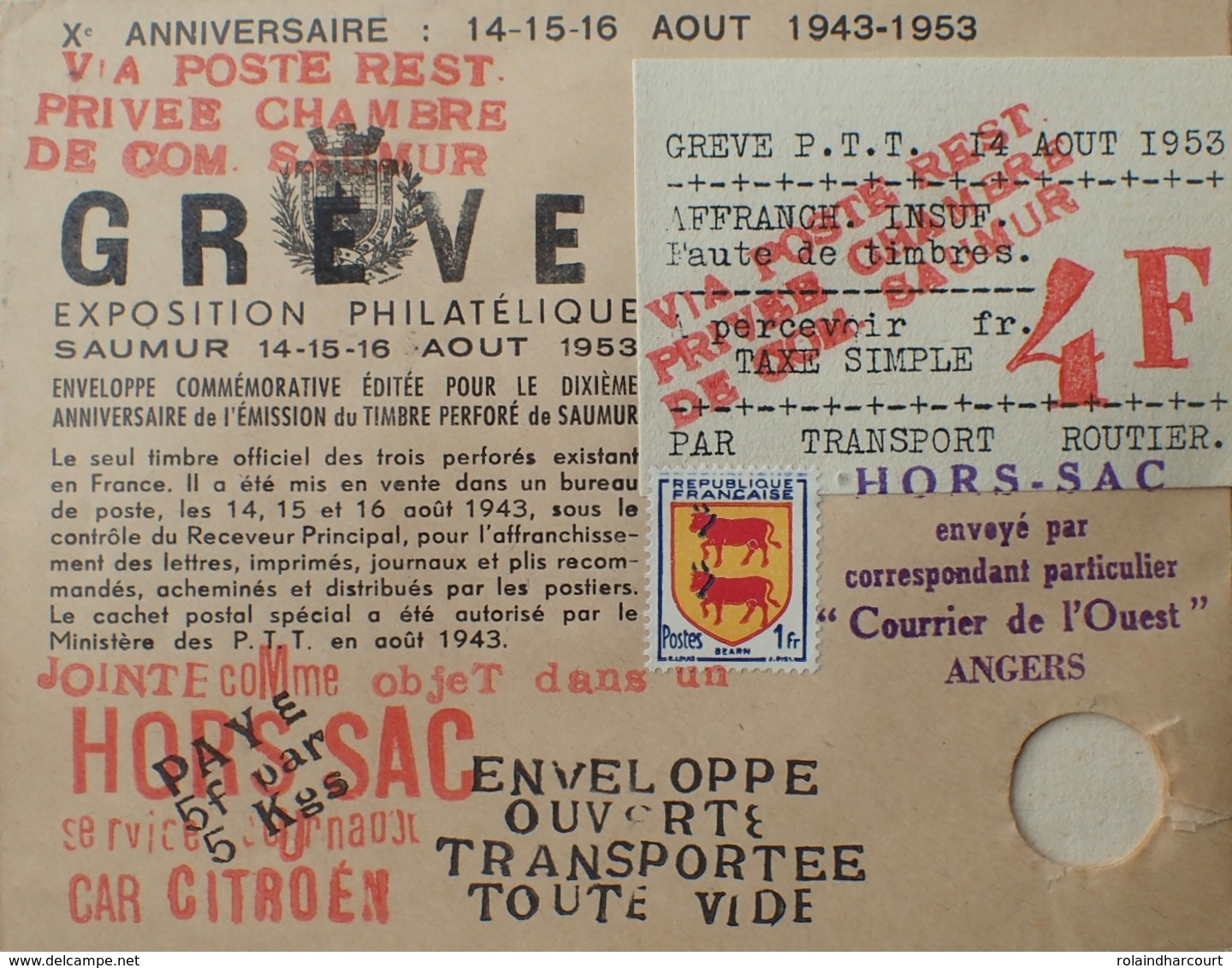 R1949/1695 - ✉️ COMMEMORATIVE HORS SAC De SAUMUR Pendant Le Gréve Des PTT Du 14 AOÛT 1953 - PIECE NUMEROTEE - Other & Unclassified