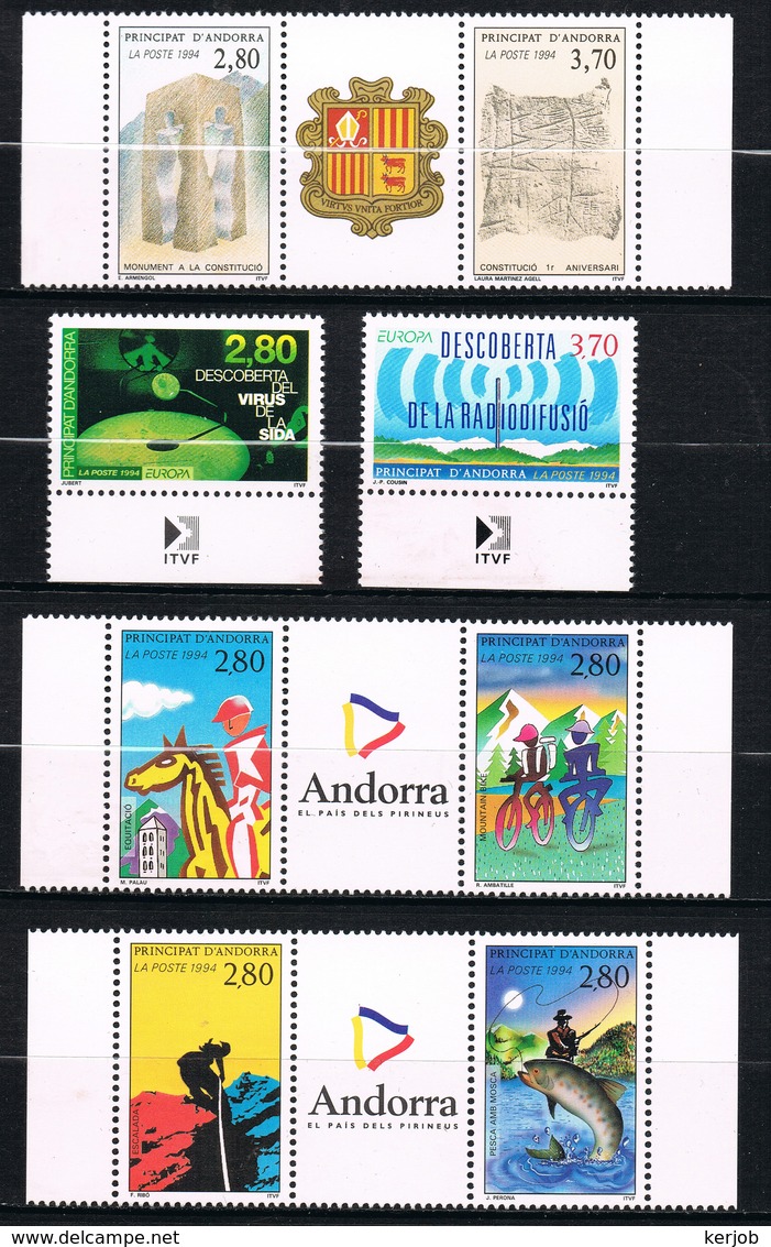 ANDORRE FRANCE Lot 1994 N°triptyque 443A 444 445 450A 450B - Gebraucht