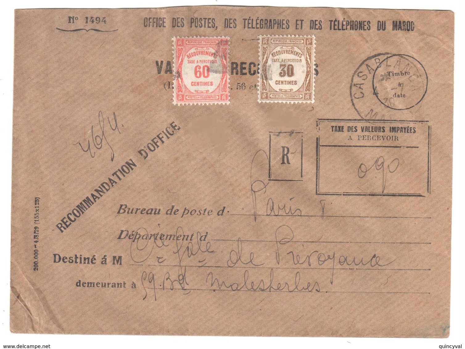 CASABLANCA Maroc 1930 Enveloppe Entière Valeurs Recouvrées Formule 1494 ENTIERE Taxe 57 58  PREOBLITERE TRIANGLE - Lettres & Documents