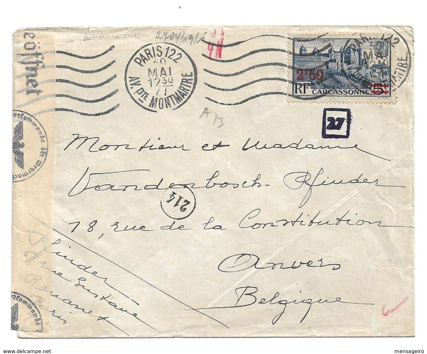 (C04) - Y&T N° 490 - LETTRE CENSURE ALLEMANDE PARIS 122 PTE MONTMARTRE => BELGIQUE 1941 - TARIF 1-20 GRS DU 01/01/1940 - Briefe U. Dokumente