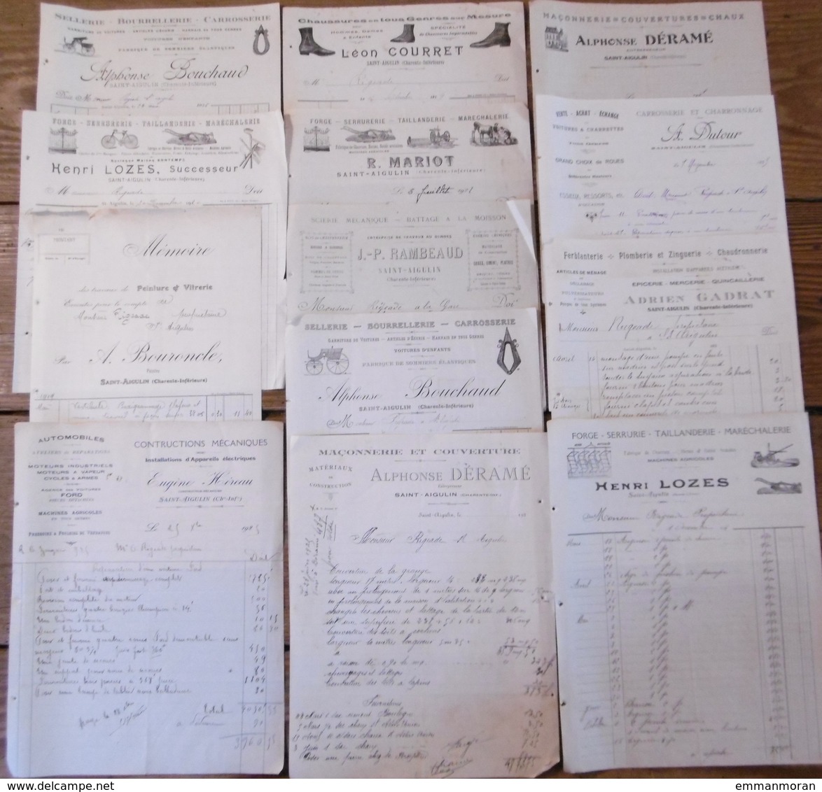Lot 13 factures de diverses entreprises situées à Saint Aigulin (charente inférieure) années 20