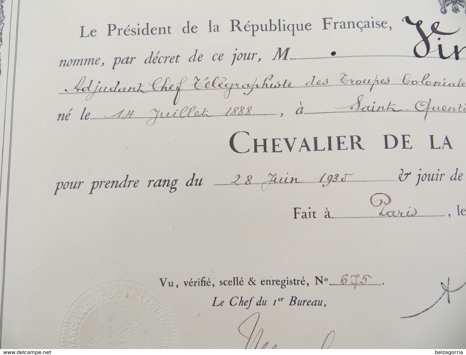 DIPLÔME MEDAILLE ORDRE NATIONAL DE LA LEGION D'HONNEUR CHEVALIER En Date Du 28 Juin 1935 - VOIR SCANS - France