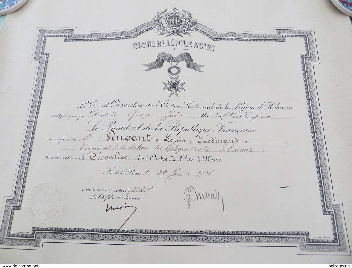 DIPLÔME MEDAILLE L'ORDRE DE L' ETOILE NOIRE Décoration De  CHEVALIER En Date Du 29 Juin 1926 -  Pas Courant - VOIR SCANS - France