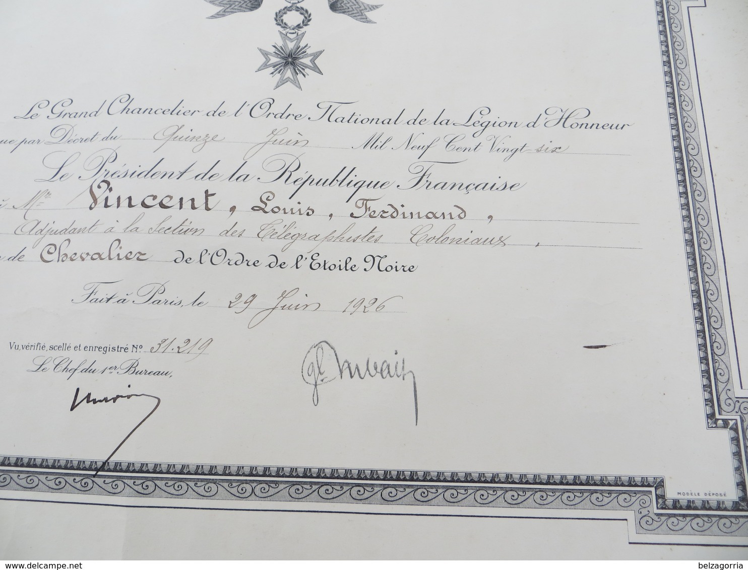 DIPLÔME MEDAILLE L'ORDRE DE L' ETOILE NOIRE Décoration De  CHEVALIER En Date Du 29 Juin 1926 -  Pas Courant - VOIR SCANS - France