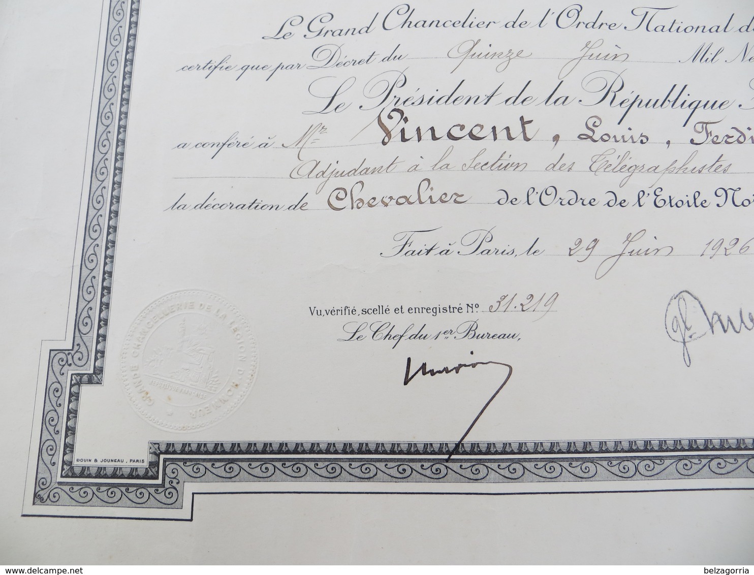 DIPLÔME MEDAILLE L'ORDRE DE L' ETOILE NOIRE Décoration De  CHEVALIER En Date Du 29 Juin 1926 -  Pas Courant - VOIR SCANS - France