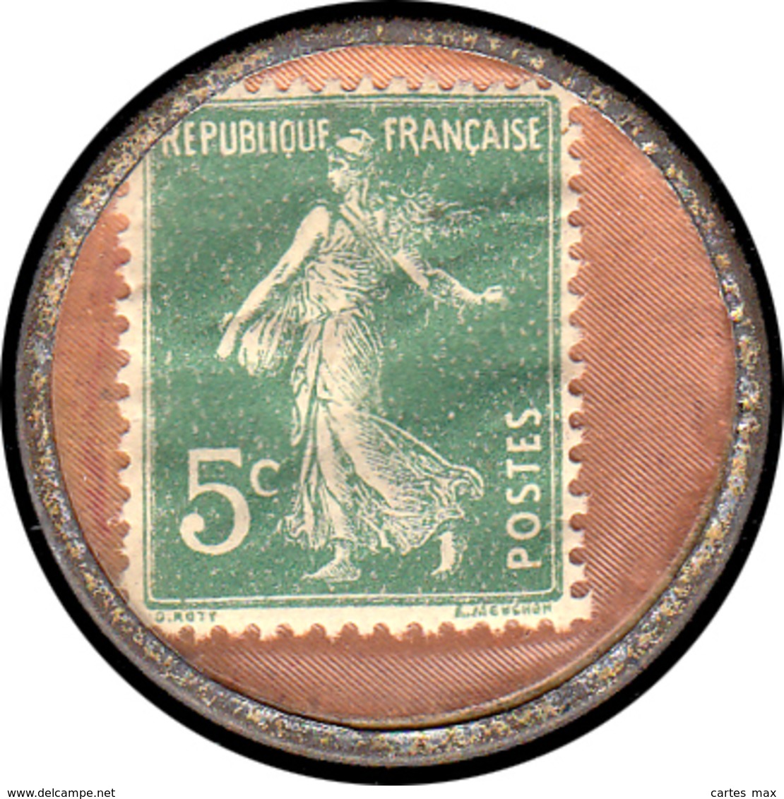 FRANCE Timbres Monnaie FP - 137, 5c. Vert Semeuse, Fer Peint, Fond Rose: "Montre Ducommun - Perpignan". (RR) - Autres & Non Classés