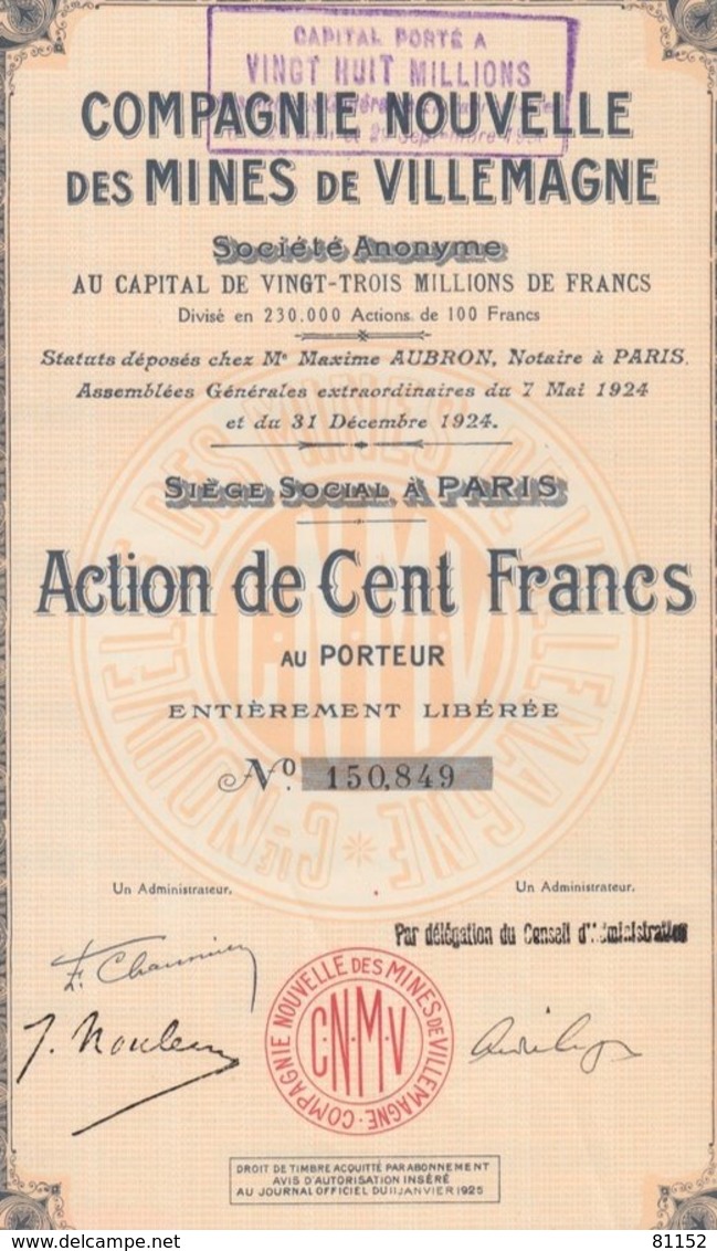 Compagnie Nouvelle Des MINES De VILLEMAGNE  De ST SAUVEUR CAMPRIEU Gard  ACTION De 100F  Au PORTEUR  Année 1924 - Bergbau