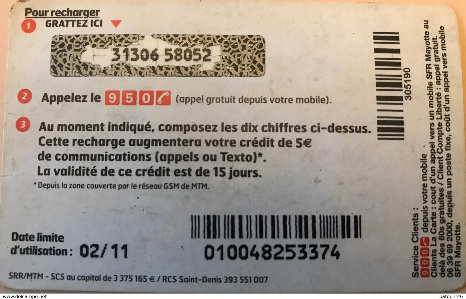 REUNION - MAYOTTE - Recharge SFR La Carte - 5 Euros - Riunione