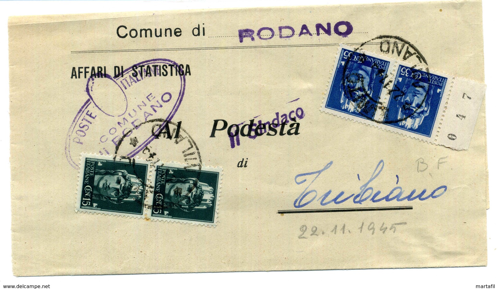 22.11.1945 Busta Da RODANO Per TRIBIANO (Sindaco/podestà) Affr. Coppie 15c + 35c - Marcofilie