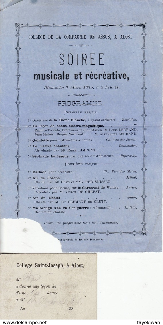 Stadt Aelst " Collège De Jésu- St.joseph College " 1875 - Soirèe Musicale Et Récréative - Programma + Document 188... 2 - Documents Historiques