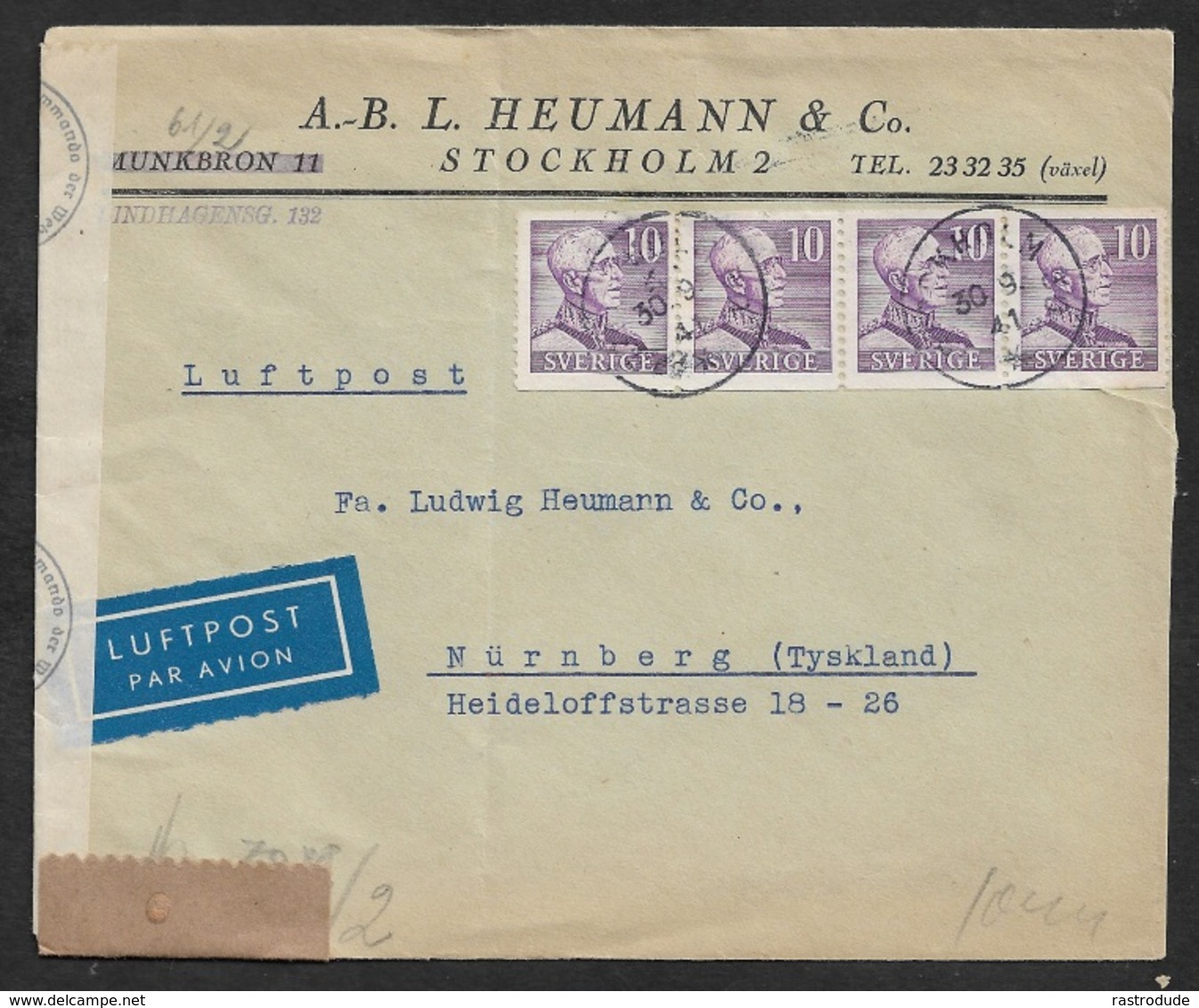 1941 SWEDEN - AIRMAIL LUFTPOST To NÜRNBERG, GERMANY - GERMAN CENSOR STRIP B Berlin - Briefe U. Dokumente
