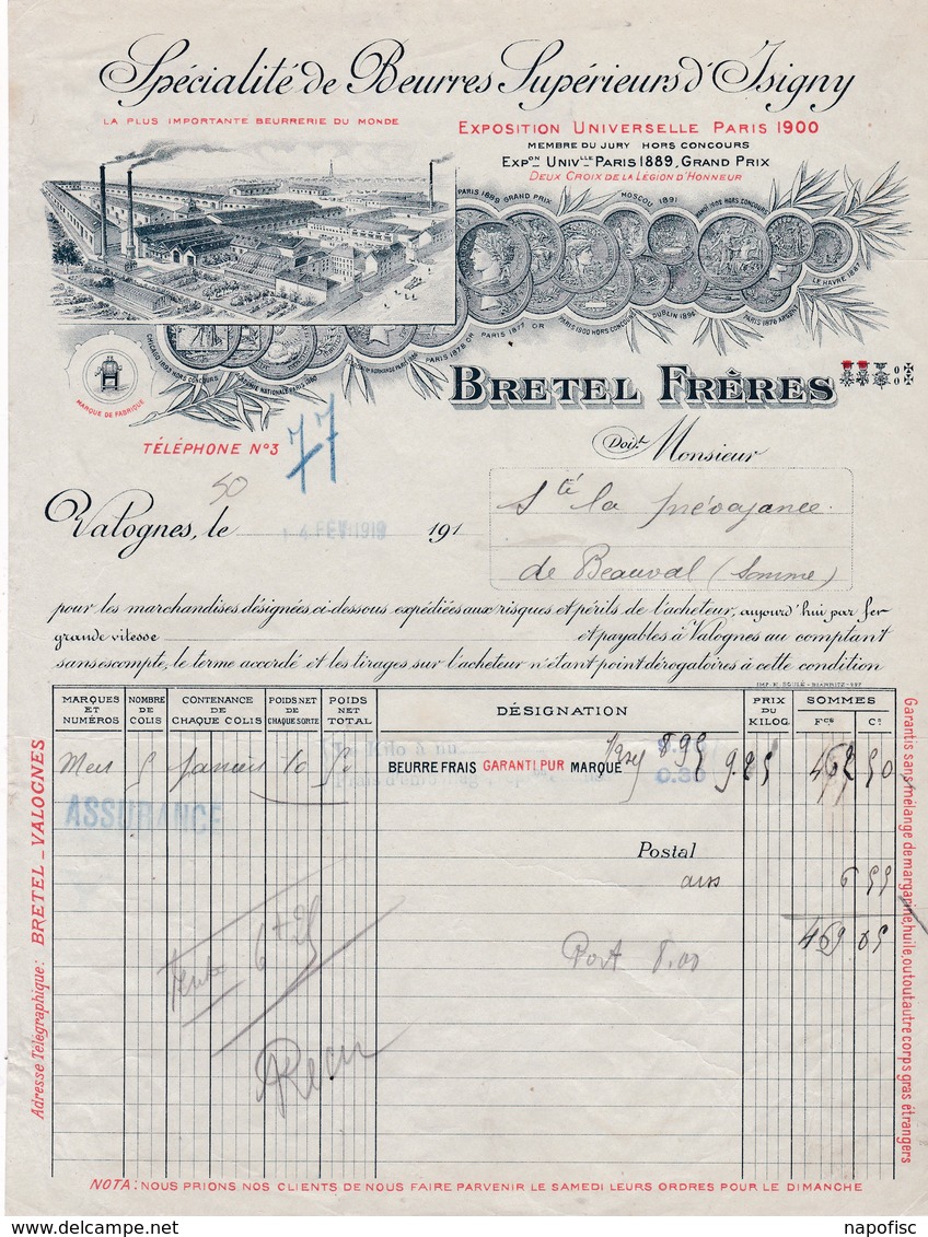 55-Bretel Frères..Spécialité De Beurres Supérieurs...Valognes..(Meuse)...1919 - Alimentaire