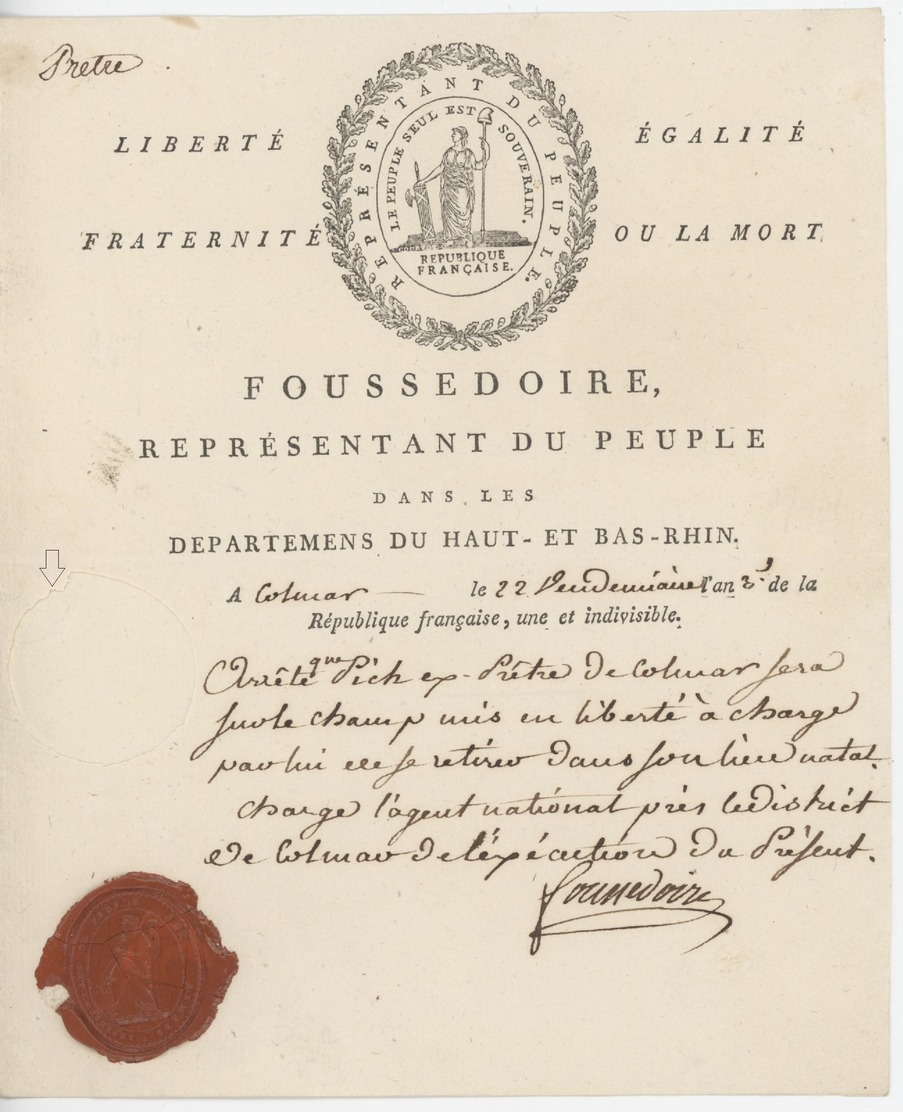 Héraldique Colmar An 2 - 13.10.1793 Signature Foussedoire Sujet: Prêtres - Historische Dokumente