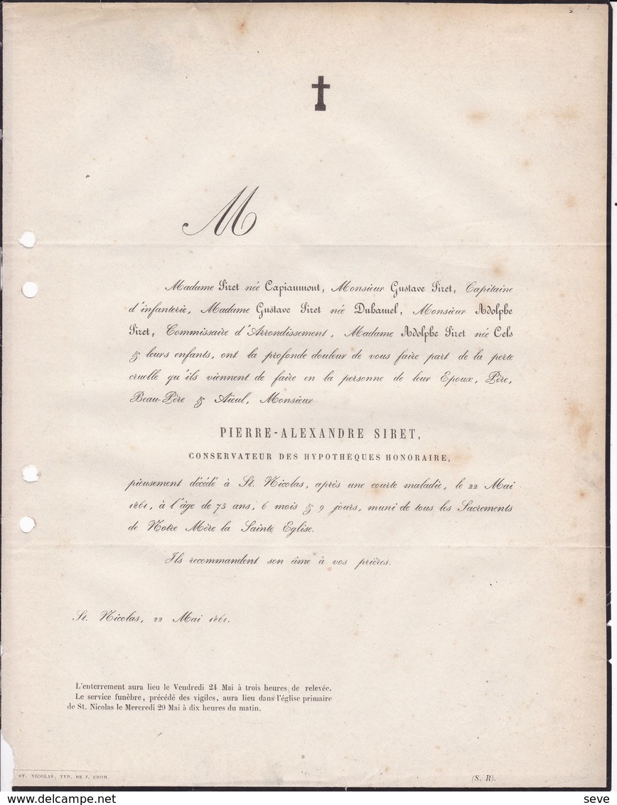 SAINT-NICOLAS  SIRET Pierre-Alexandre, Conservateur Des Hypothèques Honoraire 75 Ans 1861 Famille CAPIAUMONT DUHAMEL - Décès