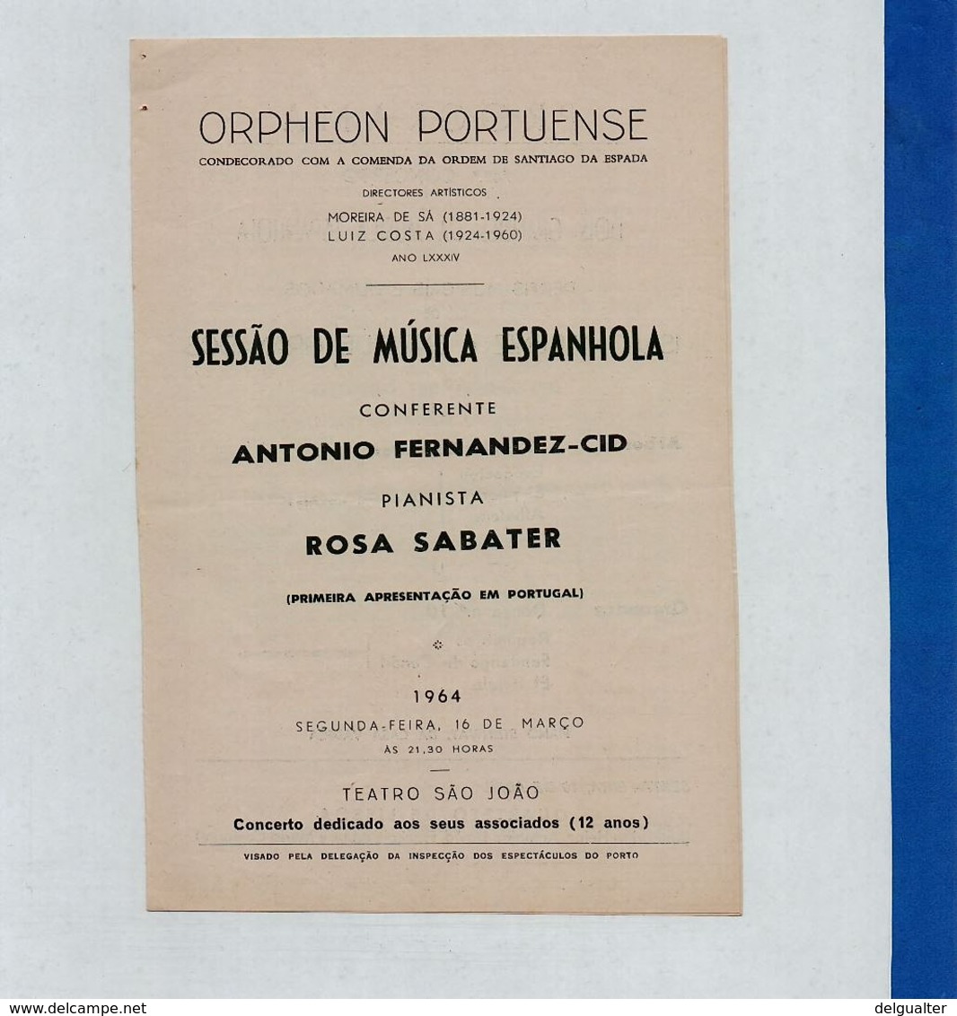 Program - Portugal - Orpheon Portuense - 16 Março 1964 - Sessão De Música Espanhola - Programmes