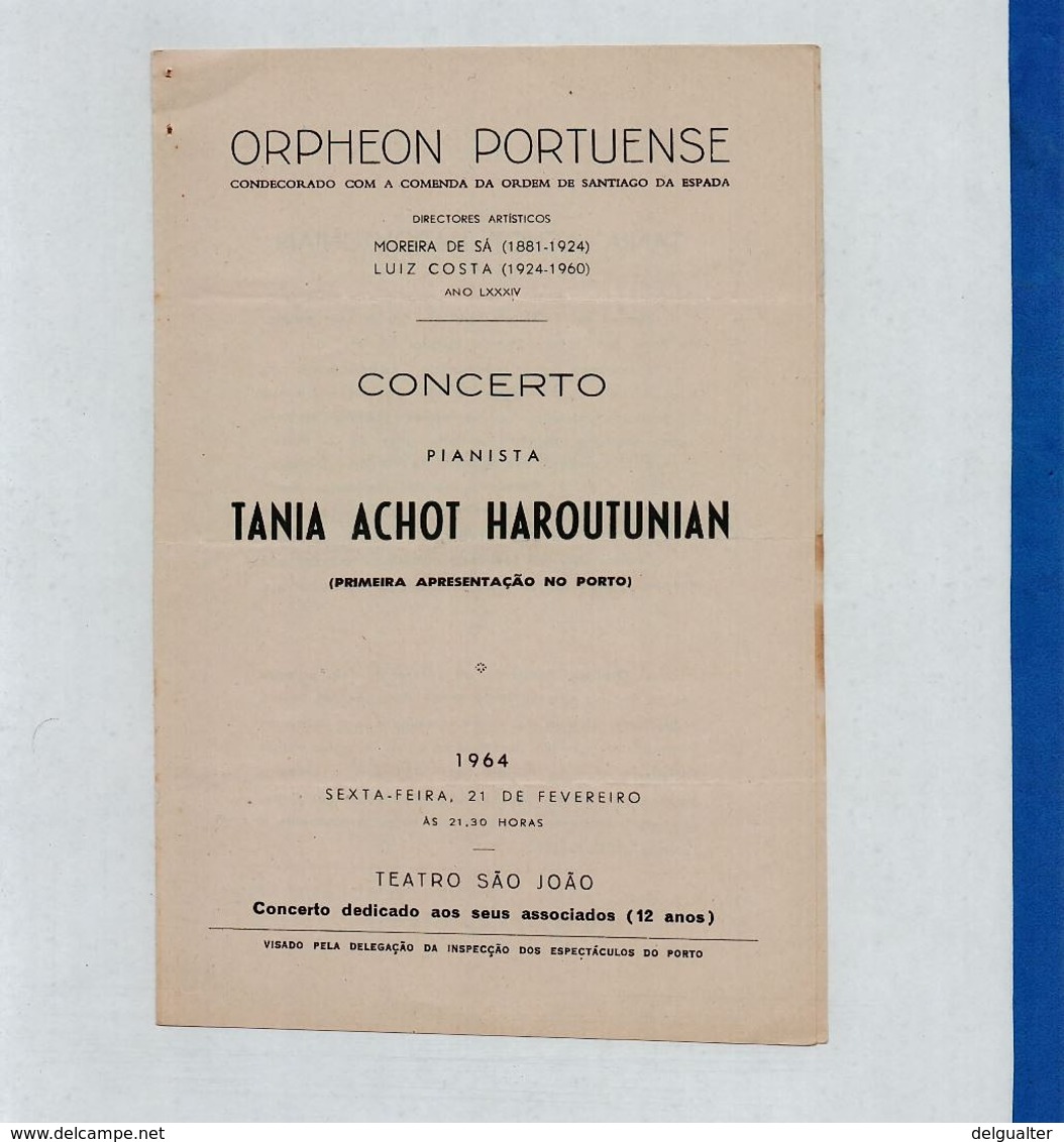 Program - Portugal - Orpheon Portuense - 21 Fevereiro 1964 - Tania Achot Haroutunian - Programmes