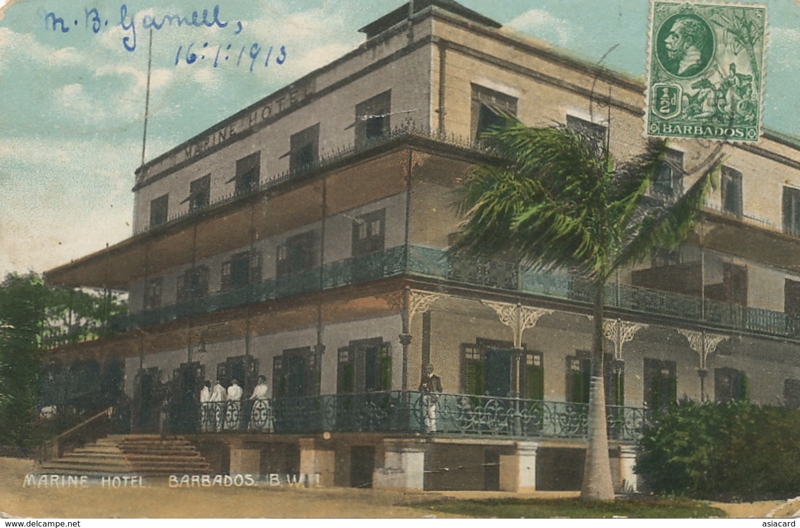 Barbados B.W.I. Marine Hotel Stamped  To Montevideo Uruguay , Cave Shepherd  Postcard Club Globus Some Defects - Barbades