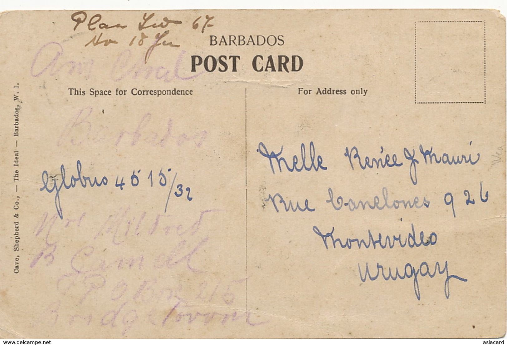 Barbados B.W.I. Marine Hotel Stamped  To Montevideo Uruguay , Cave Shepherd  Postcard Club Globus Some Defects - Barbados
