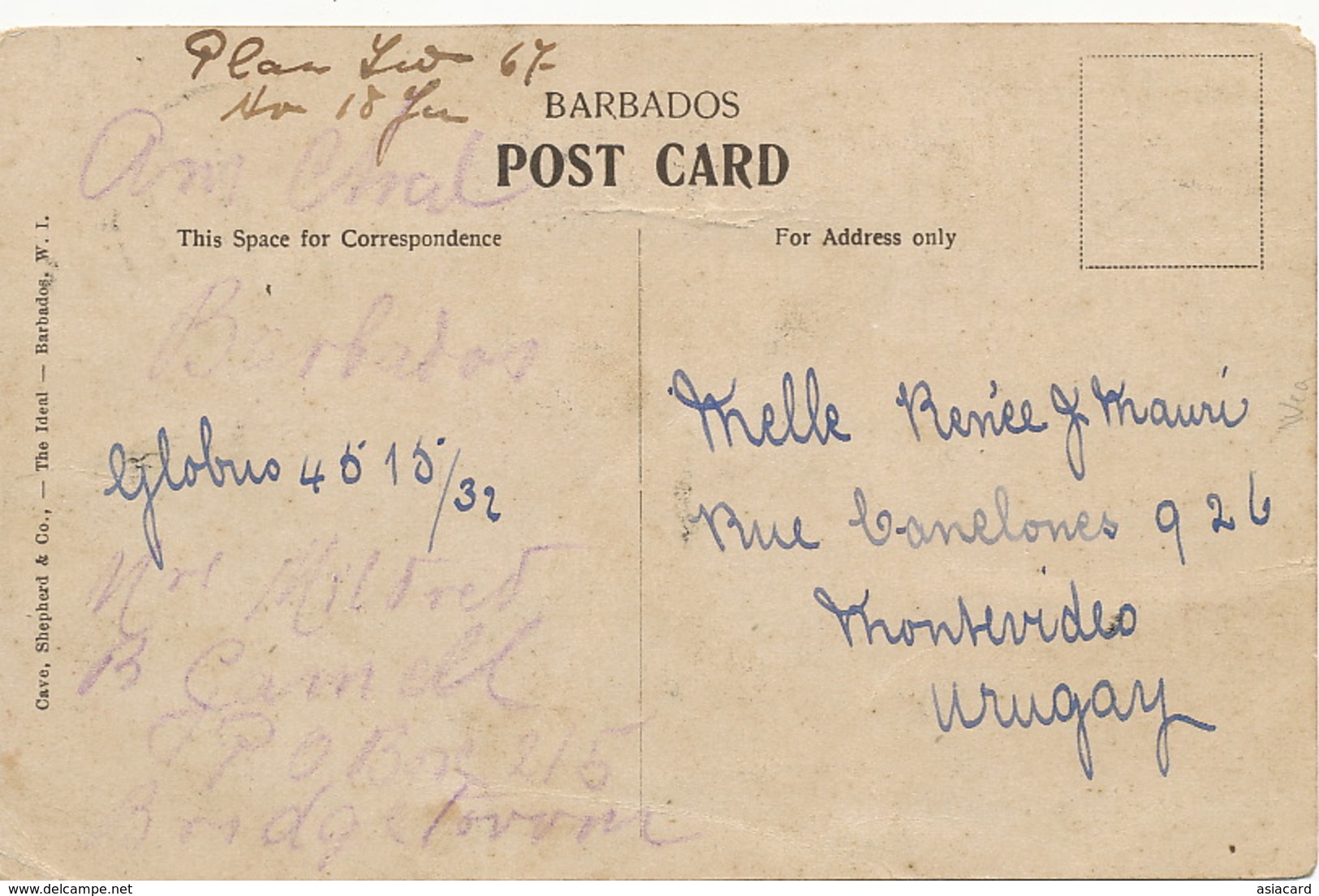 Barbados B.W.I. Marine Hotel Stamped  To Montevideo Uruguay , Cave Shepherd  Postcard Club Globus Some Defects - Barbades