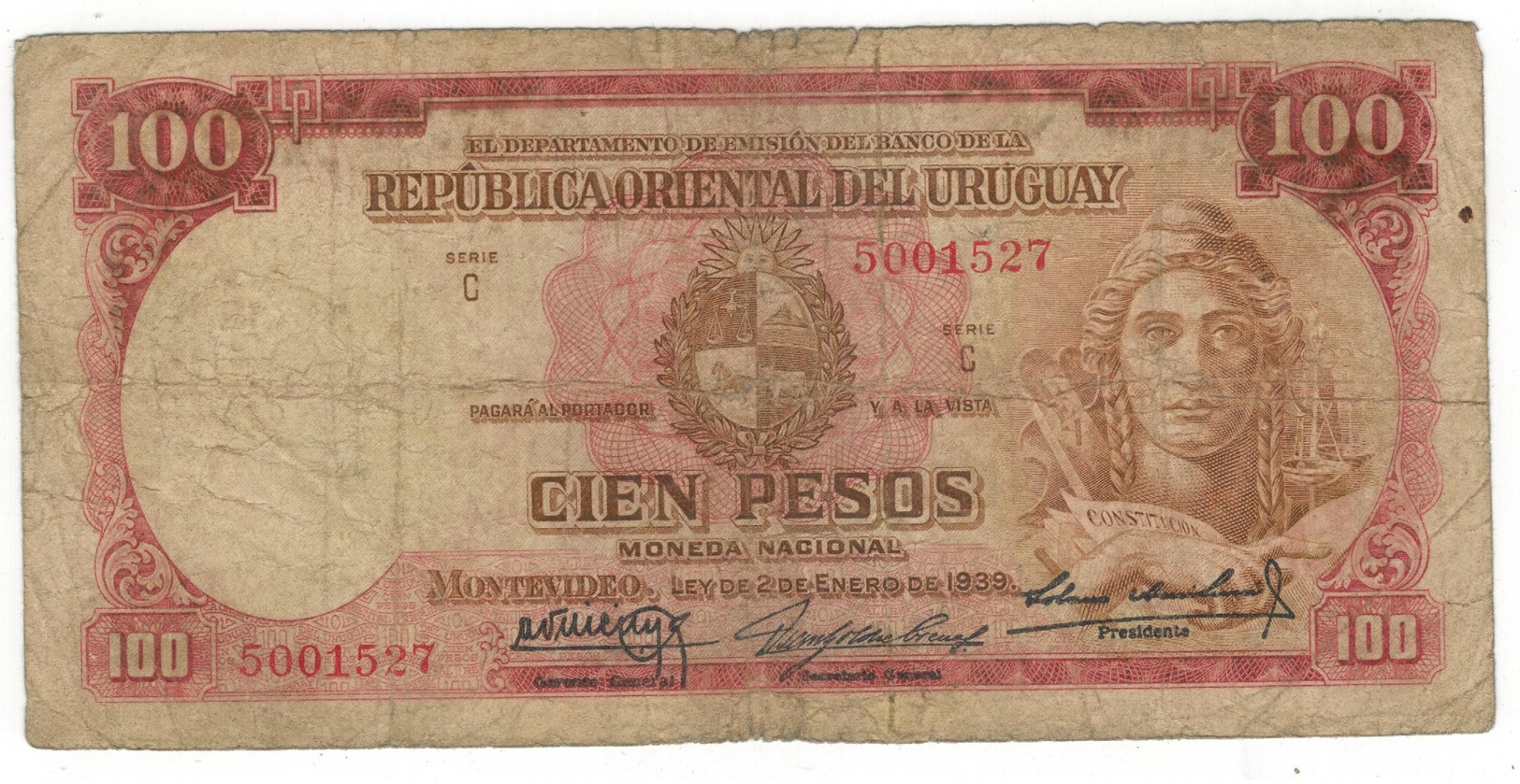 Uruguay 100 Pesos 1939, Used, See Scan (C Series , 7 Dig.) - Uruguay