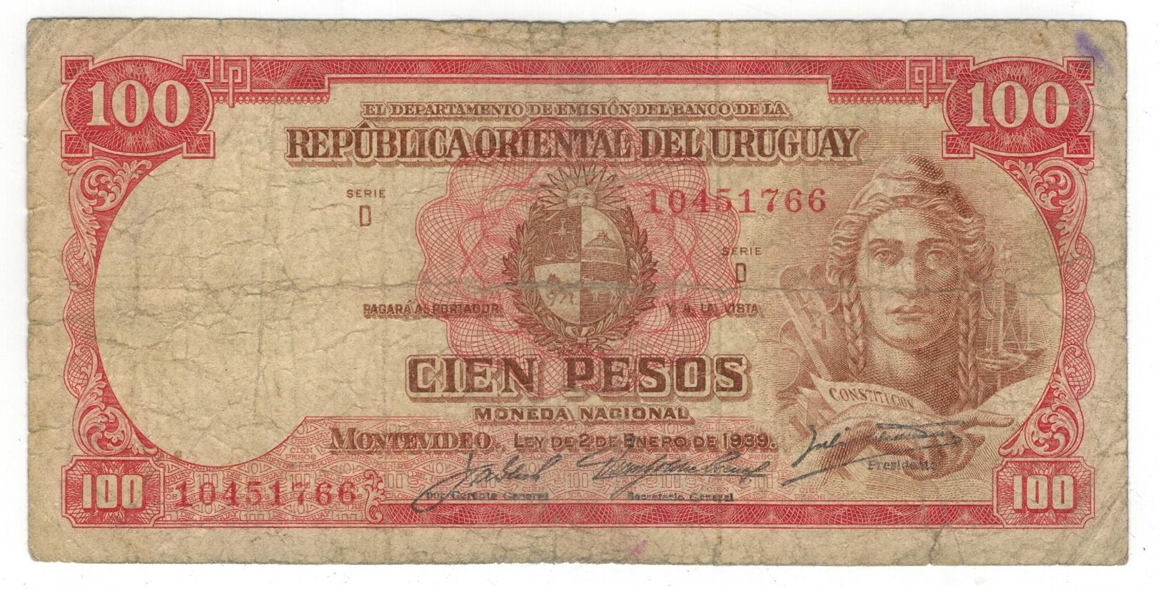 Uruguay 100 Pesos 1939, Used, See Scan (D Series , 8 Dig.) - Uruguay
