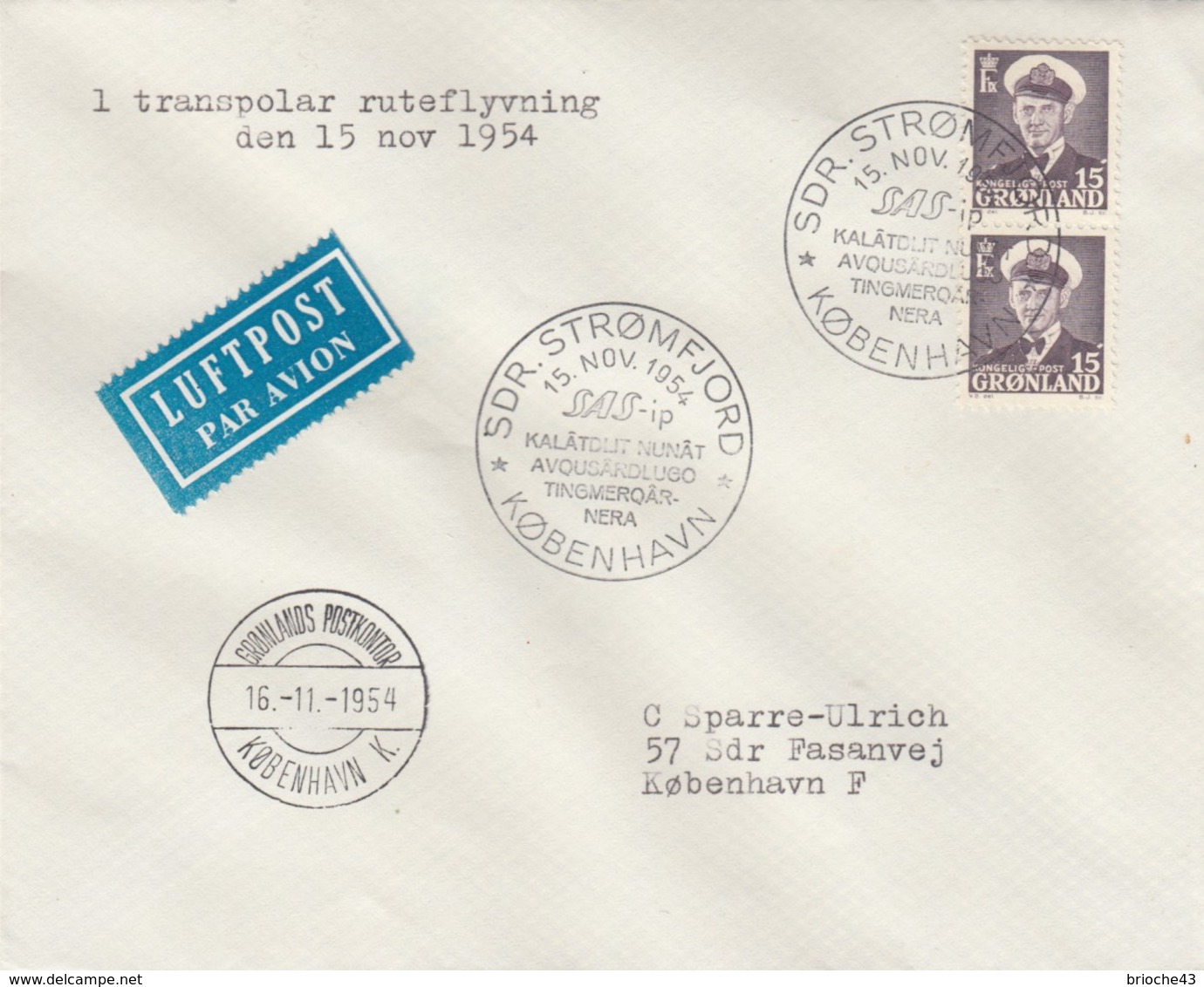 GROENLAND - GRONLAND - COVER SDR. STROMFJORD 15.11.1954  / 4 - Covers & Documents