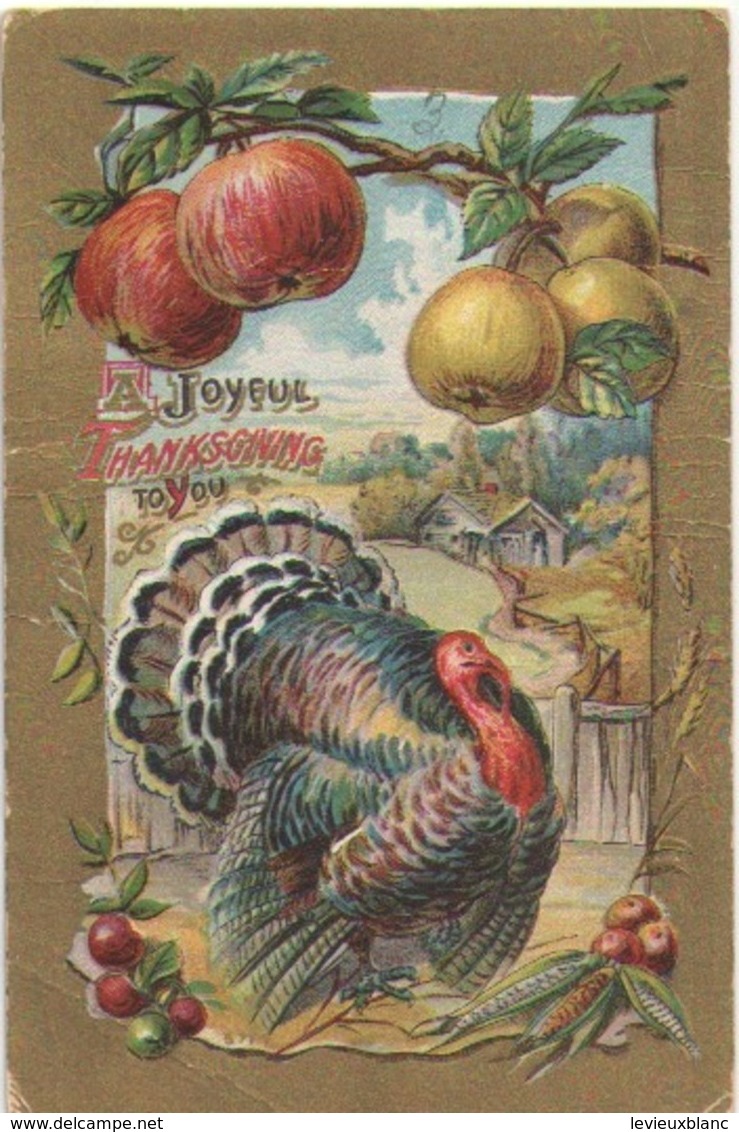 Carte Postale Ancienne/ Gaufrée Dorée/Joyeux THANKSGIVING/Dindon Et Pommes/USA/Canada/Vers 1910    CFA38 - Giorno Del Ringraziamento