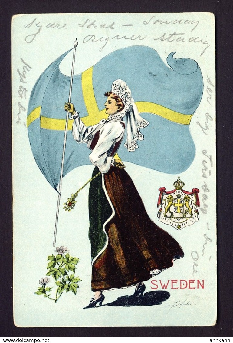 Sweden Patriotic Flag, Flower, Woman Ethnic Costume, Coat Of Arms - G. Howard Hilder Artist - New Haven Conn. 1907 - Autres & Non Classés