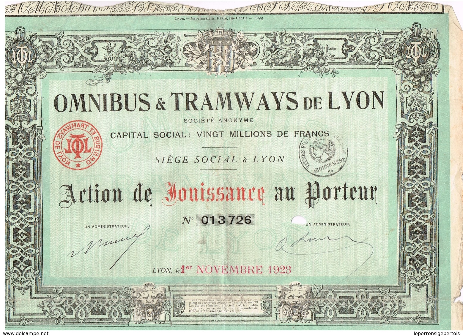 Titre Ancien - Omnibus & Tramways De Lyon - Société Anonyme   - Titre De 1928 - - Spoorwegen En Trams