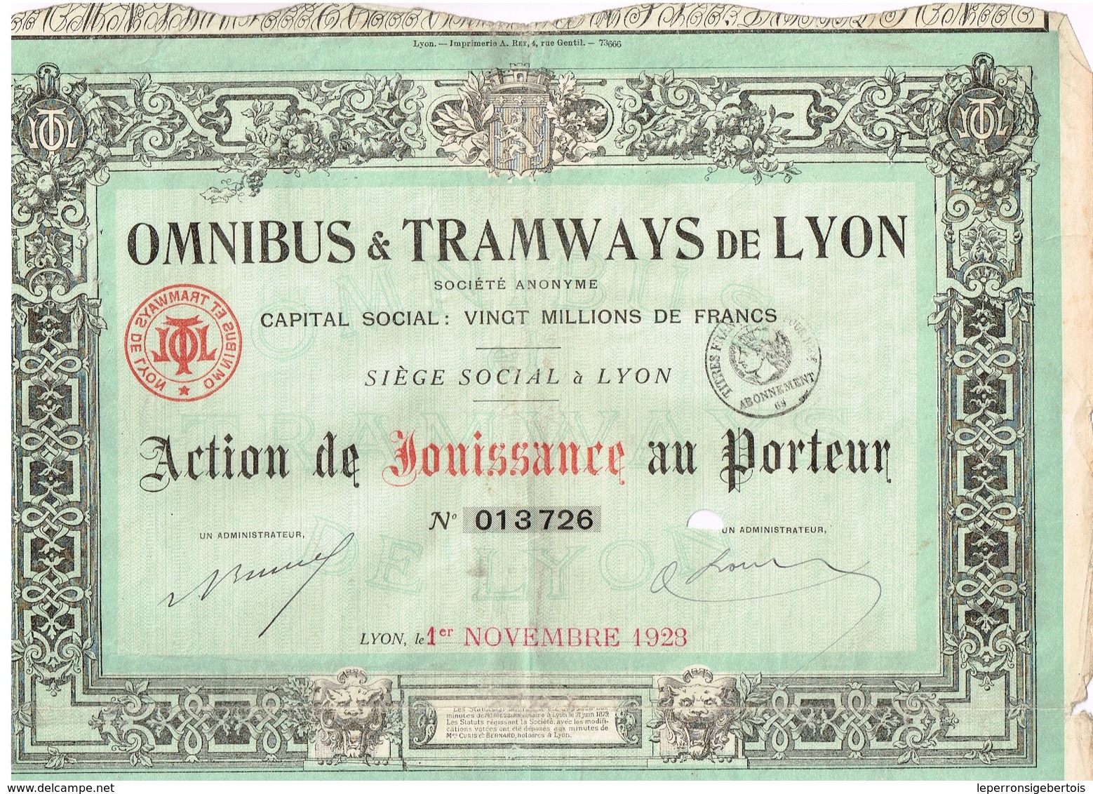 Titre Ancien - Omnibus & Tramways De Lyon - Société Anonyme   - Titre De 1928 - - Chemin De Fer & Tramway