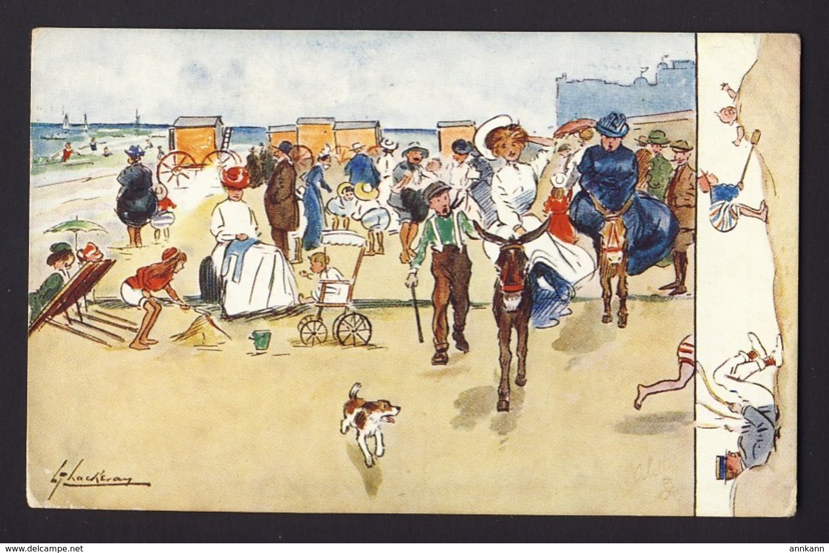 Women Riding Donkey, Children Playing On The Beach - L. Thackeray Artist - Tuck Oilette #9591 - 1910 Brussel Bruxelles - Humour