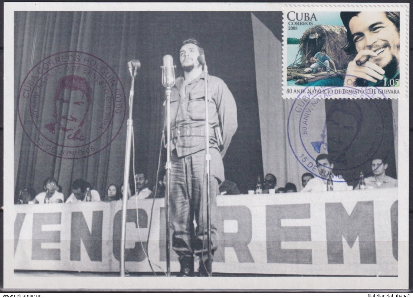 TMA-513 CUBA 2008 MAXIM CARD 2008 STAMP ERNESTO CHE GUEVARA RED-BLUE CANCEL. - Cartes-maximum