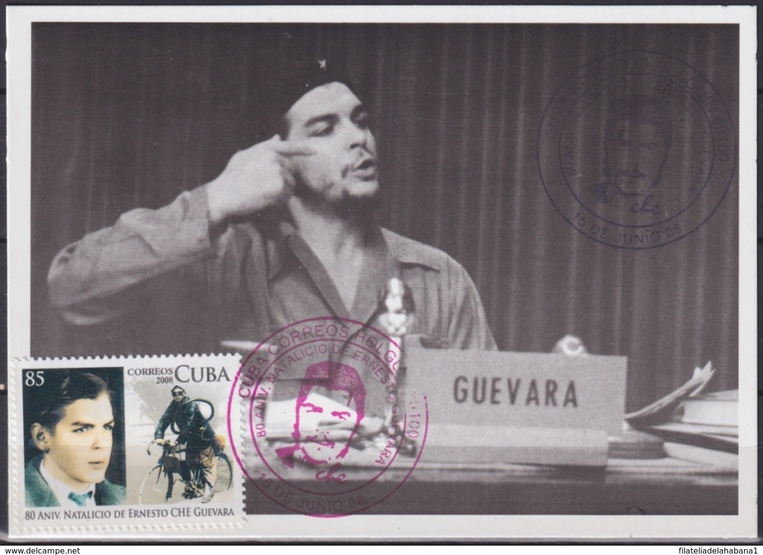 TMA-523 CUBA 2008 MAXIM CARD 2008 STAMP ERNESTO CHE GUEVARA RED-BLUE CANCEL. - Cartes-maximum