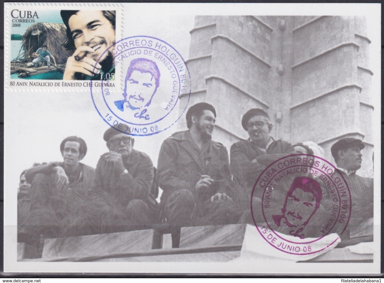 TMA-524 CUBA 2008 MAXIM CARD 2008 STAMP ERNESTO CHE GUEVARA RED-BLUE CANCEL. - Maximum Cards