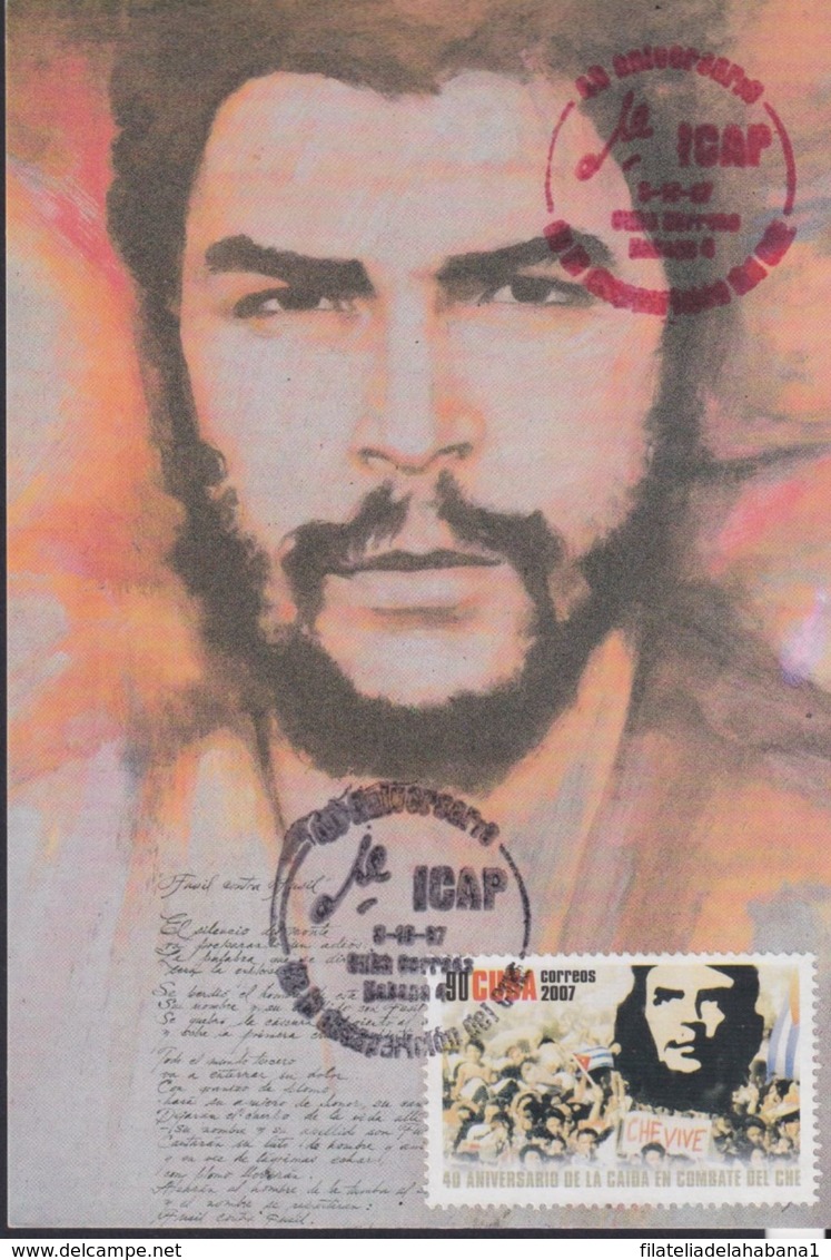 TMA-563 CUBA 2007 MAXIM CARD 2007 90c STAMP ERNESTO CHE GUEVARA BLACK CANCEL. - Cartes-maximum