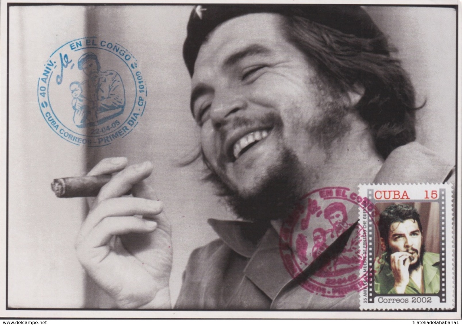 TMA-593 CUBA 2005 MAXIM CARD 2002 15c STAMP ERNESTO CHE GUEVARA RED-BLUE CANCEL - Cartes-maximum