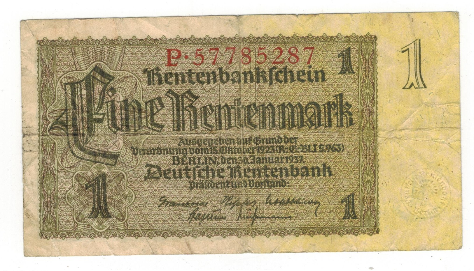 Germany 1 Rentenmark, 1923, Used, See Scan. - 1 Rentenmark