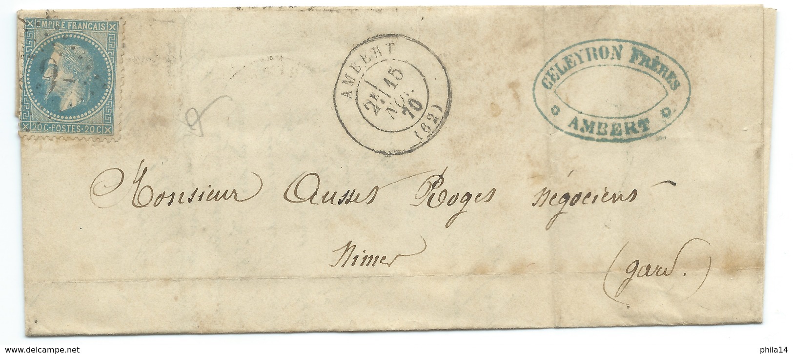 N°29 BLEU NAPOLEON SUR LETTRE / AMBERT POUR NIMES / 1870 - 1849-1876: Classic Period