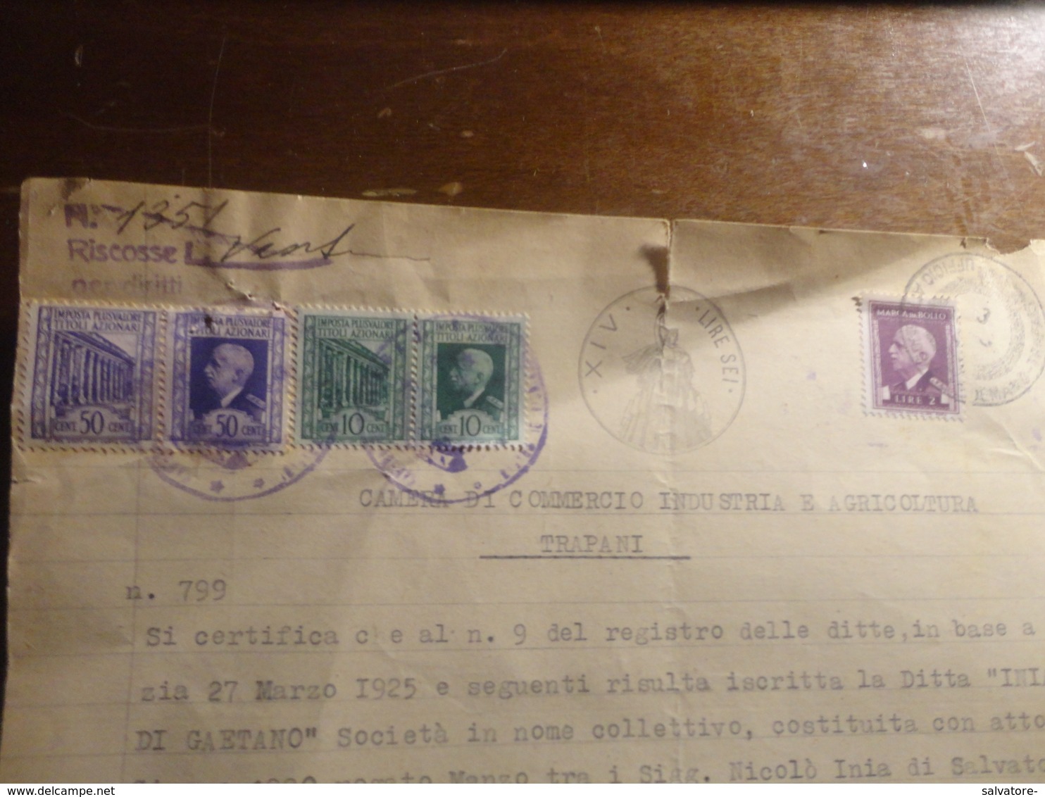 DOCUMENTO CON COPPIA 50 CENTESIMI IMPOSTA PLUSVALENZE TITOLI IAZIONARI + CENTESIMI 10 + AO LIRE + 2 LIRE-1945 - Fiscale Zegels