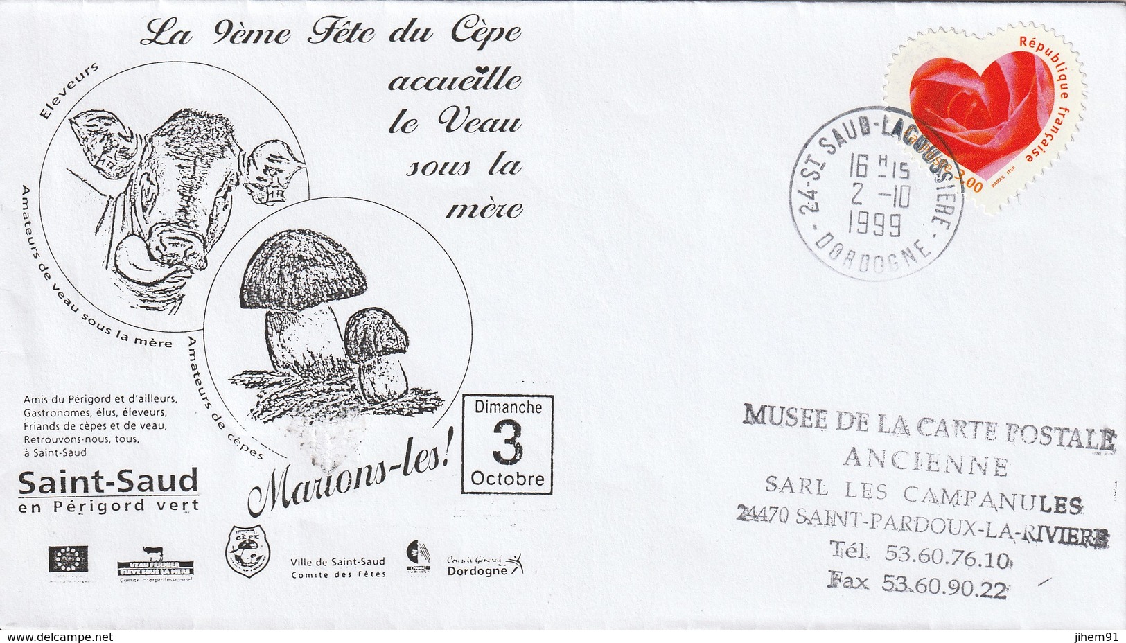 Env. De "St Saud Lacoussière - 24, Dordogne" Du 02-10-1999, Sur YT 3221 "9e Fête Du Cèpe Et Veau Sous La Mère" - Handstempel